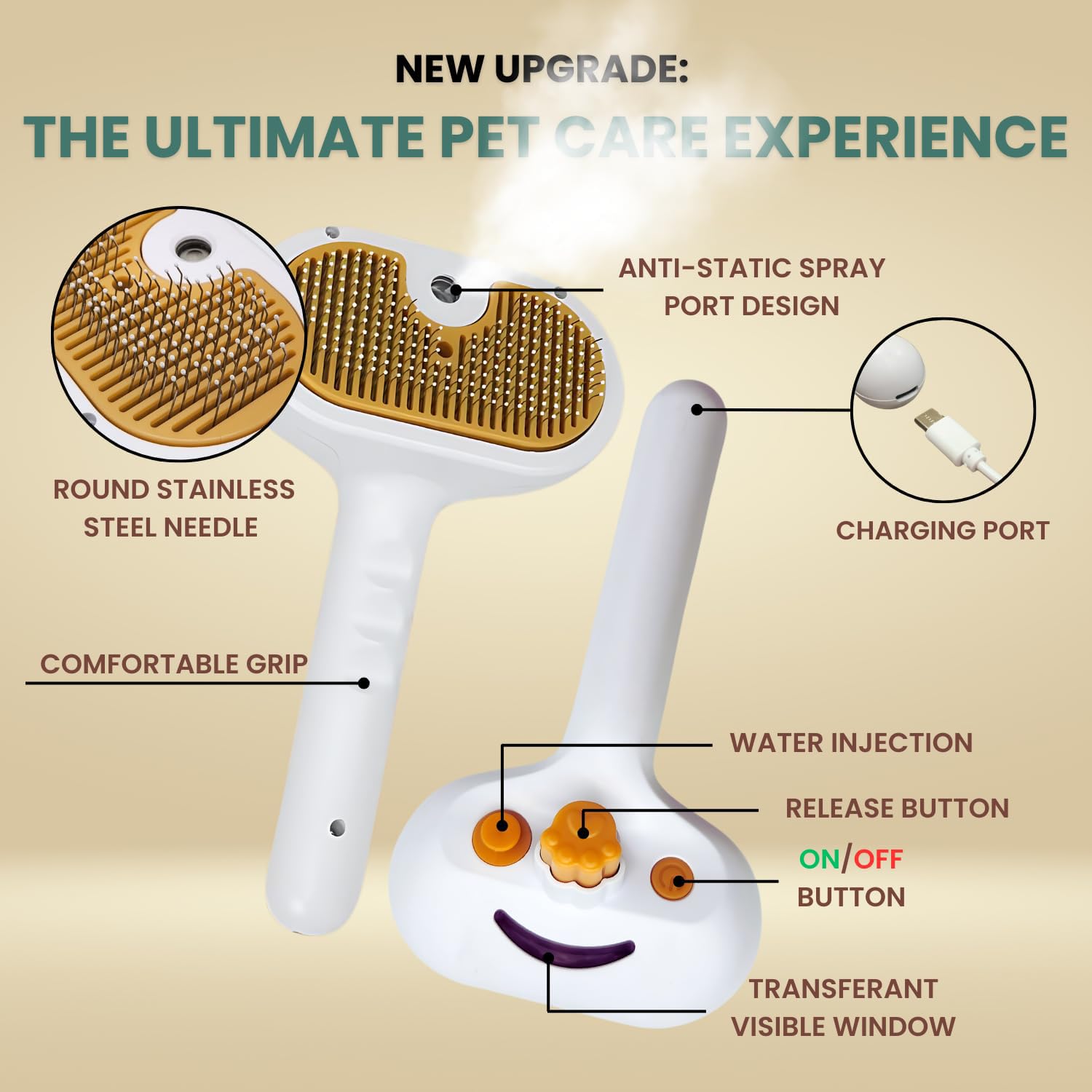 Mist Steam Grooming Brush for Dogs & Cats