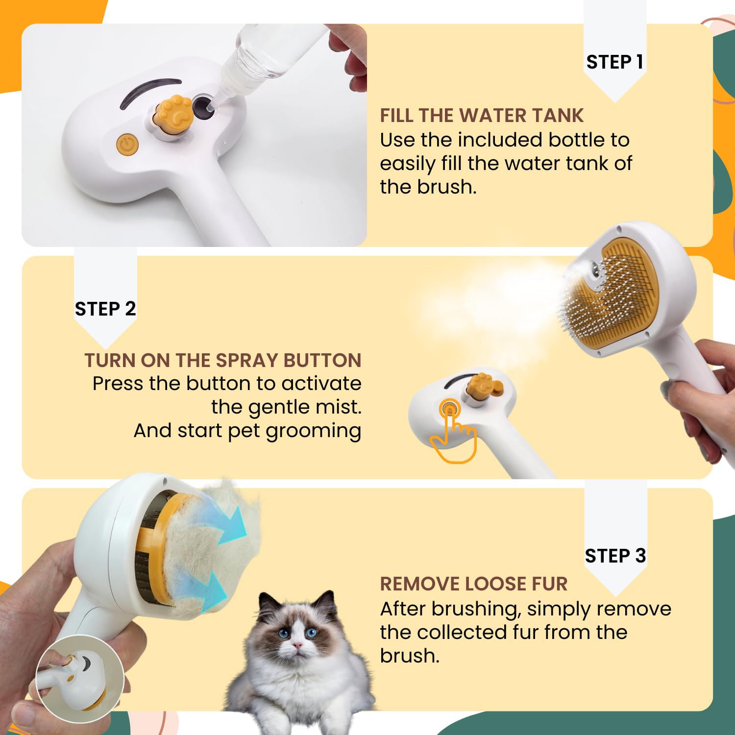 Mist Steam Grooming Brush for Dogs & Cats